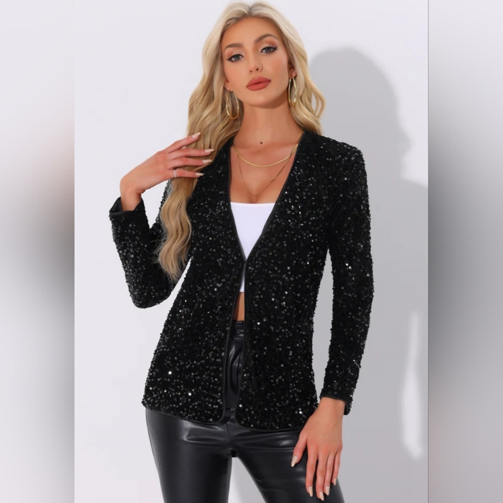 Allegra K - Long Sleeve Sequin Open Front Jacket - Black